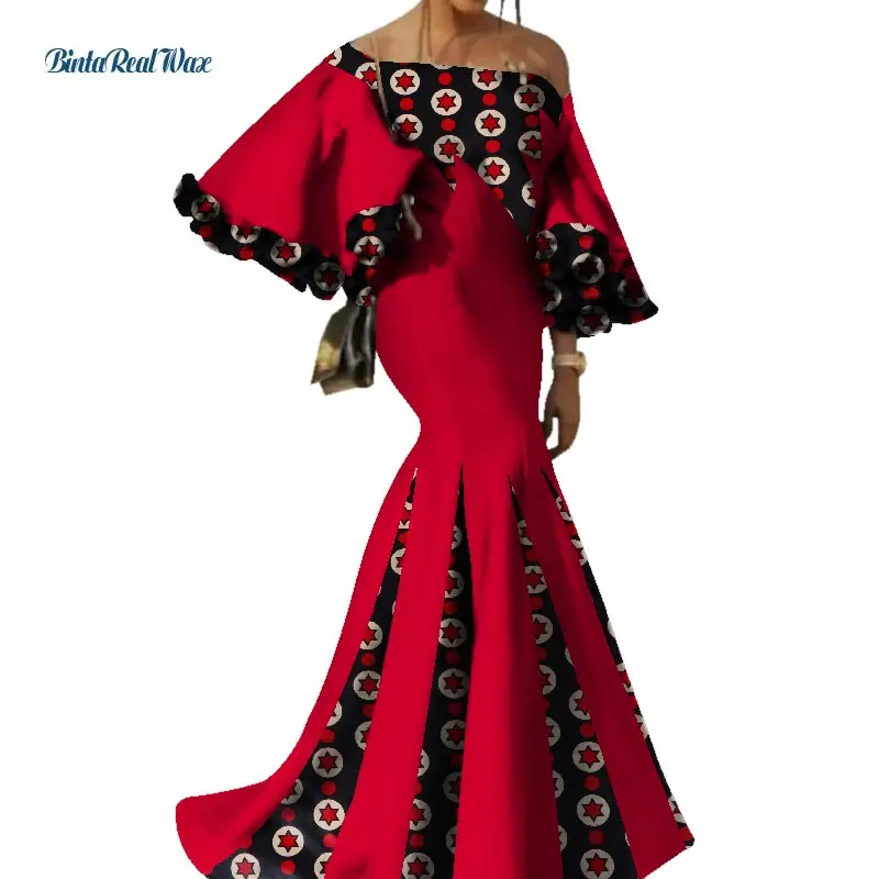 Bazin Riche африканская женская одежда сексуальные Лоскутные Цветочные рукава Длинные платья Вечерние платья Vestidos африканские платья с принтом WY3441