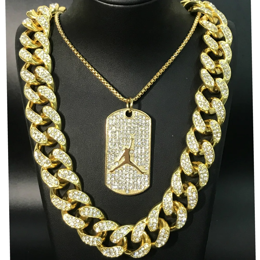 

Hip Hop Men Necklace Gold Sliver Iced Out Crystal Miami Cuban Basketball Rock Pendant Set 2CM Street Dance Rapper Men Jewelry