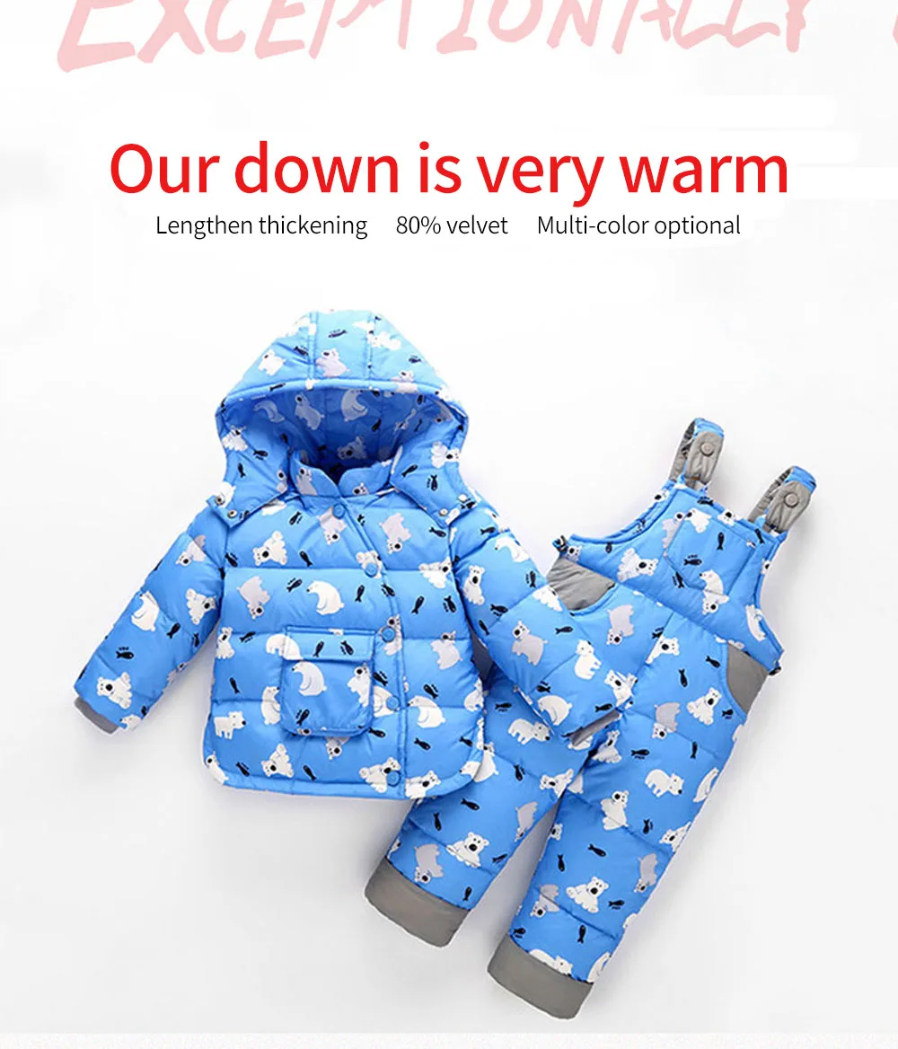 

Fashion Children Girls Parkas Set Winter Warm Ski Suit Duck Down Hooded Jacket Pants Overalls Boys Kids Coat Clothing Set