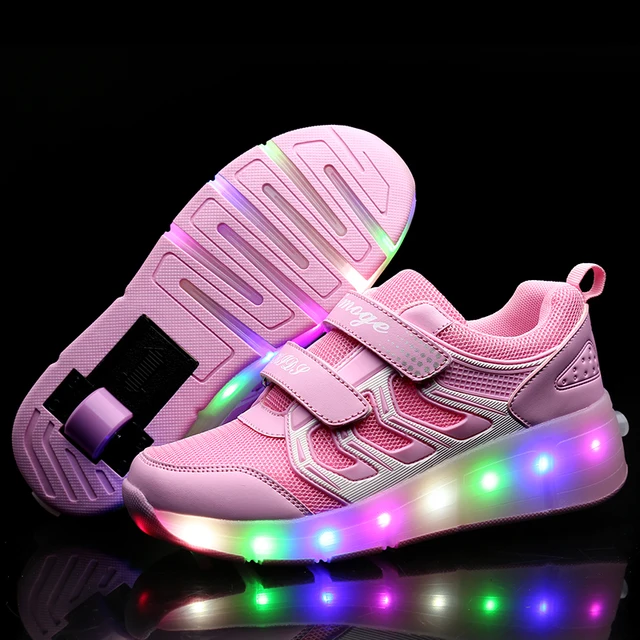 US $28.90 Kids LED Flashing Double Roller Skate Shoes Children Glowing Running Shoes Luminous Sneakers Women