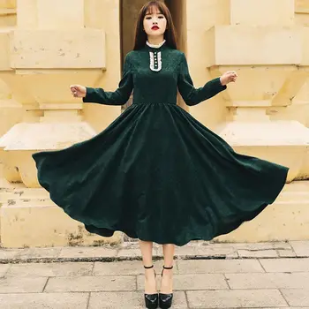

New Fashion 2019 autumn Women's velvet big swing Casual Brand Dress Arts Retro Style originality high waist Dresses
