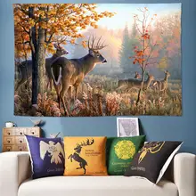 Autumn Natural Tapestry Forest Wall Hanging Animal Decoration Elk Wall Tapestry Boho Decor Psychedelic Tapestry Tree 3D Wall Rug wall hanging forest tree print tapestry