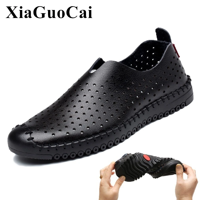 

Men Summer Shoes Sandals Genuine Leather Hollow Breathable Slip-on Casual Shoes Solid Anti-odor Soft Sole Driving Flat Shoes