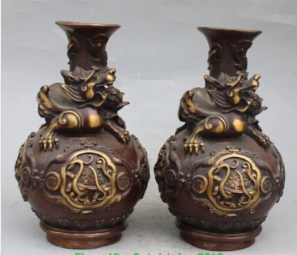 

JP S0186 12"Marked Bronze Gilt Pixiu Dragon Tortoise Phoenix Tiger Snake Beast vase Pair