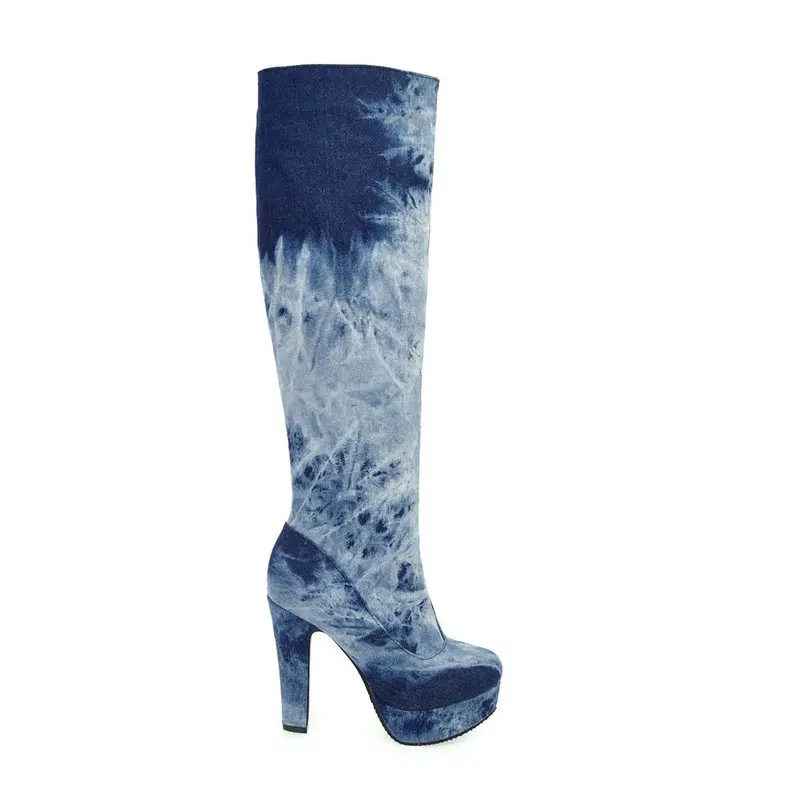 Salu/джинсовые женские сапоги до колена сапоги на тонком высоком каблуке Женская обувь на платформе с круглым носком зимняя теплая обувь, большие размеры 42, 43, 44