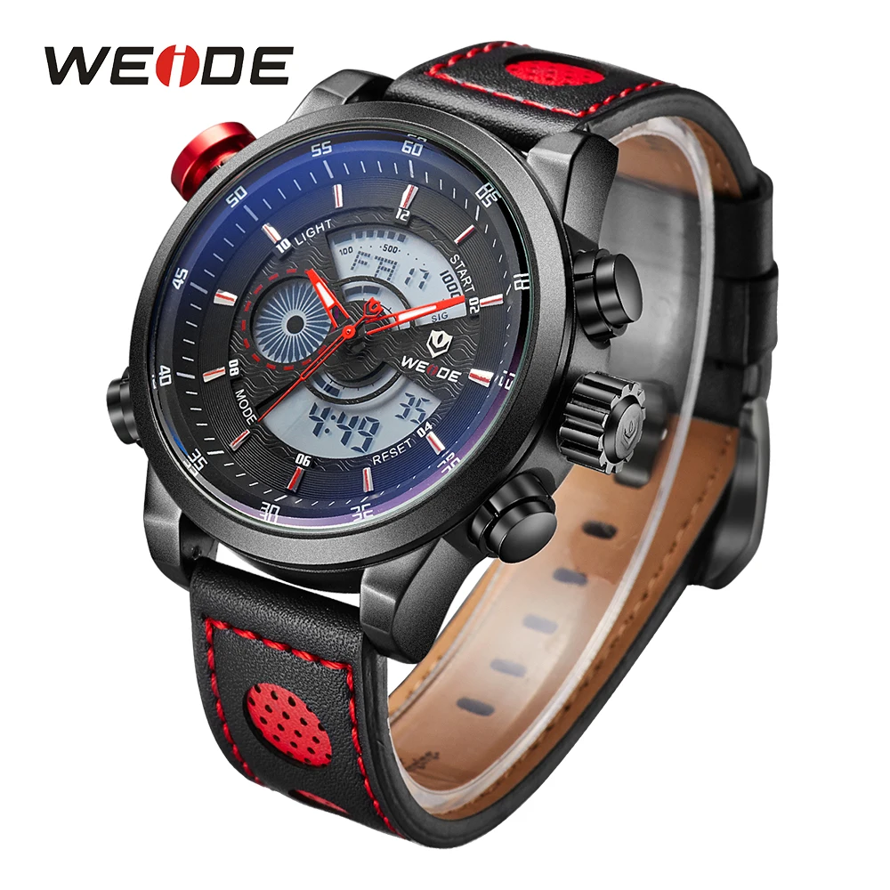 WEIDE Men Luxury Sports Watches Quartz LCD Digital Date Alarm Chronograph Leather Strap Wristwatches Clock Reloj Hombre Relogio