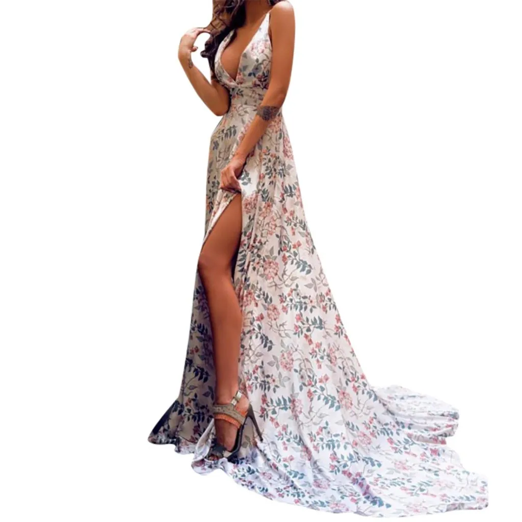 

JAYCOSIN Summer Beach Maxi Dress Women Deep V Neck Print Party Dress Sling Sexy Ladies Bohemian Dresses Elegant Long Dress 513W