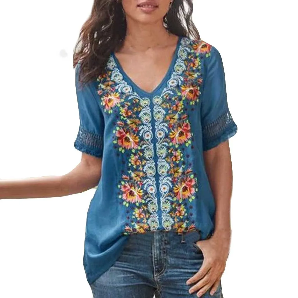 

Summer Crew Neck blouse Short Sleeve Shirt Women Retro Floral Print Lace Crochet Party Blouse classical Work Top