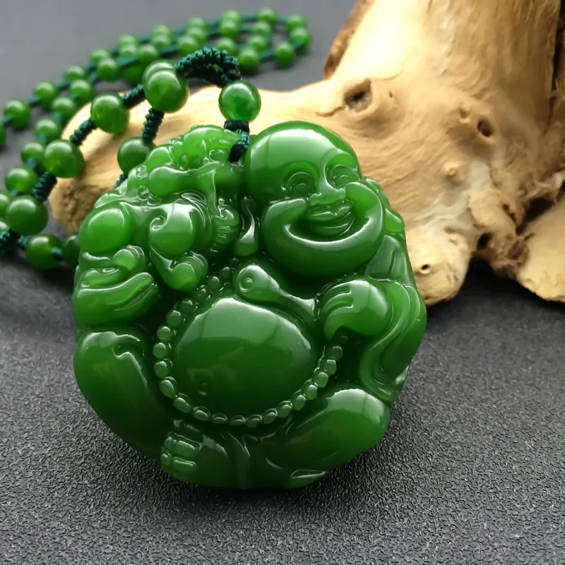 

Wholesale 5pcs/lot New Green Jades Pendant 3D Carved Laughing Maitreya Buddha Women Men's Amulet Jewelry Pendants+Beads Necklace