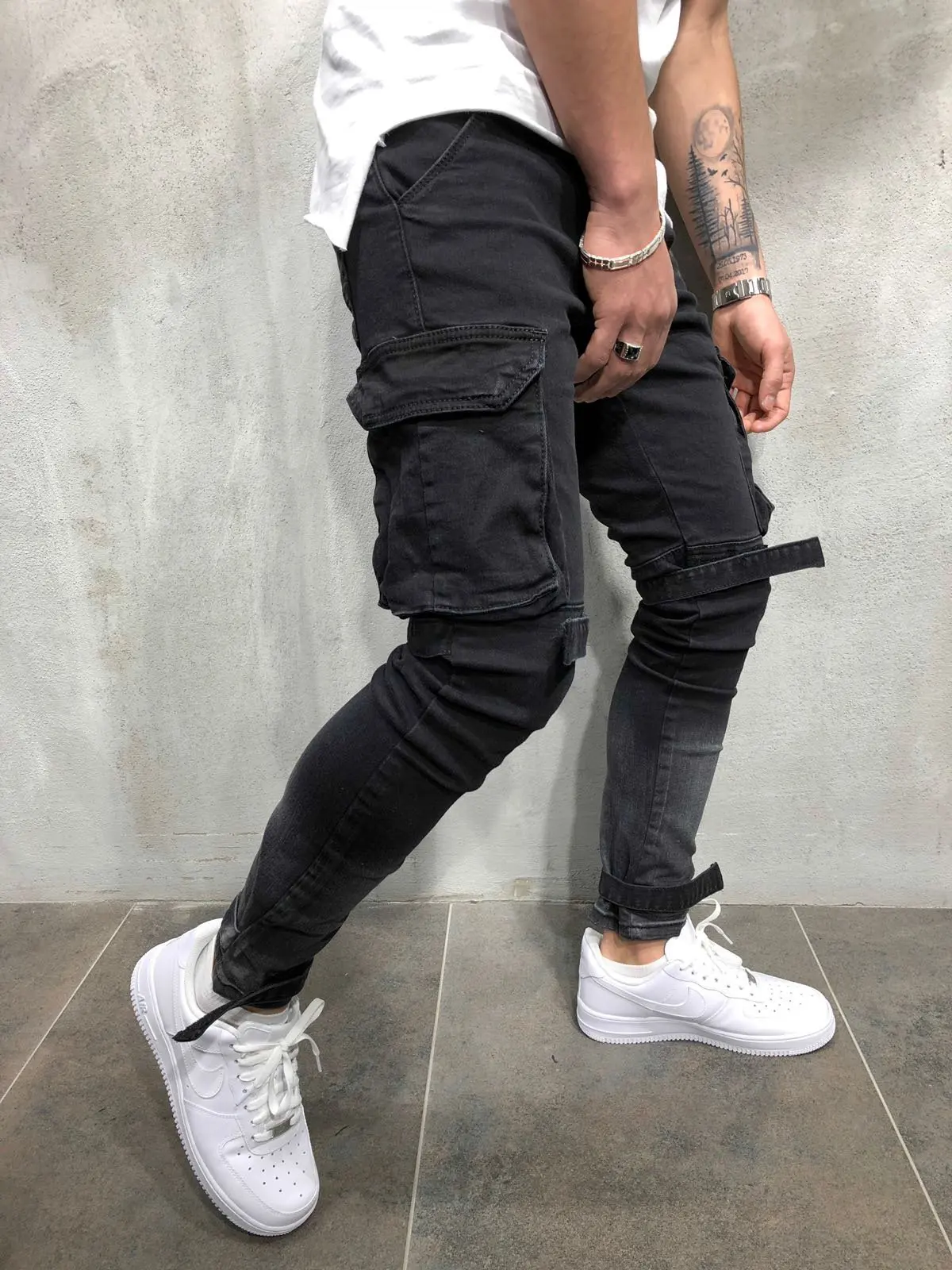 2018 New Arrived Men Cargo Pockets biker jeans denim slim supper skinny hip hop jeans men