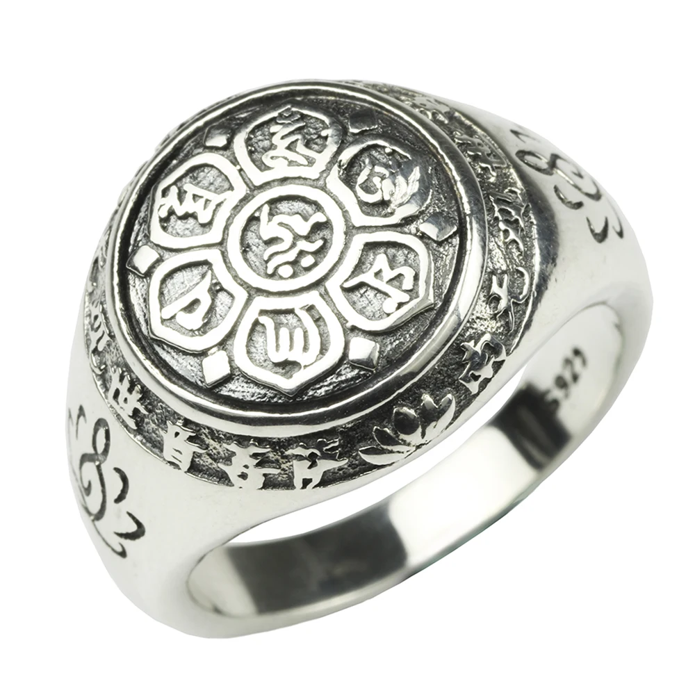 Authentic 925 Sterling Silver Jewelry Vintage Buddha Six Words Mantra Rings For Women And Men Bijouterie