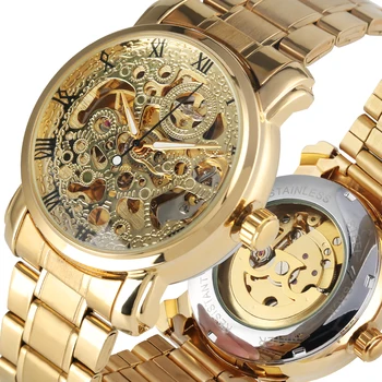 

WINNER Transparent Skeleton Watch Mechanical Self-wind Men's Watches Gold Steel Band Roman Numerals Display Business Male Clock