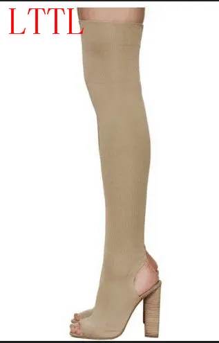 New arrival shoes women Over The knee high boots Stretch Fabric Long boots woman leather skinny boots thick heel bota