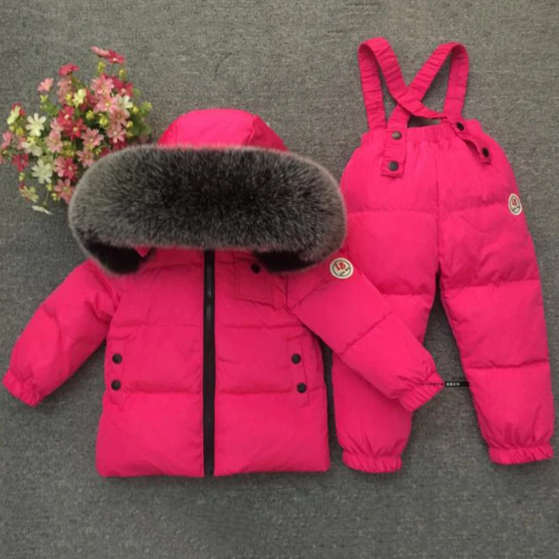 Детский зимний комбинезон для русской зимы, роскошный Теплый водонепроницаемый лыжный костюм с натуральным мехом для мальчиков и девочек, пуховое пальто+ комбинезон