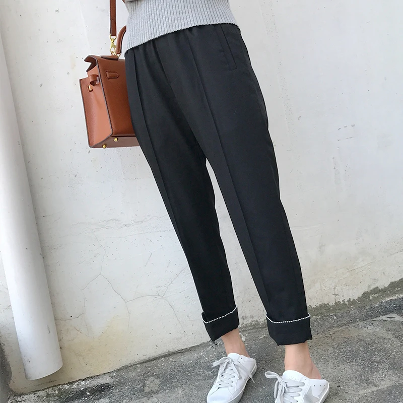 M&B high quality fashion black beading rivet loose baggy wide leg pants