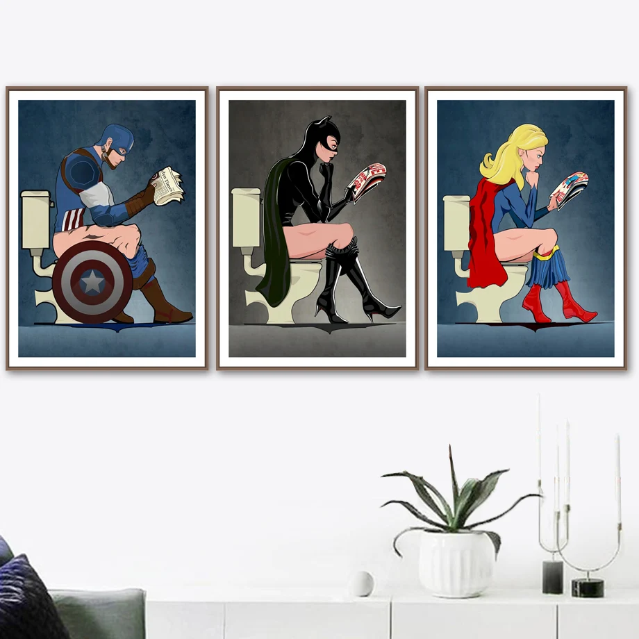 

Toilet Superman Bathroom Cartoon Spiderman Nordic Poster WC Wall Art Canvas Painting Wall Pictures For Living Room Unframed