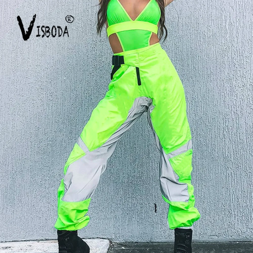 

Women Loose Harem Pants Neon Green Reflective Sweatpants Hip Hop Trousers Fashion Ladies High Waist Buckle Trousers Plus Size