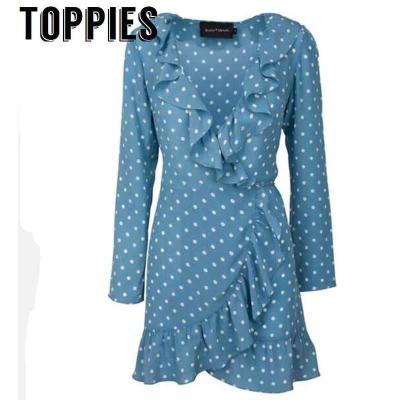 

Toppies Women 2019 Polka Dots Blue Wrap Dress Vintage Sexy Mini Ruffles Dress Party Dress