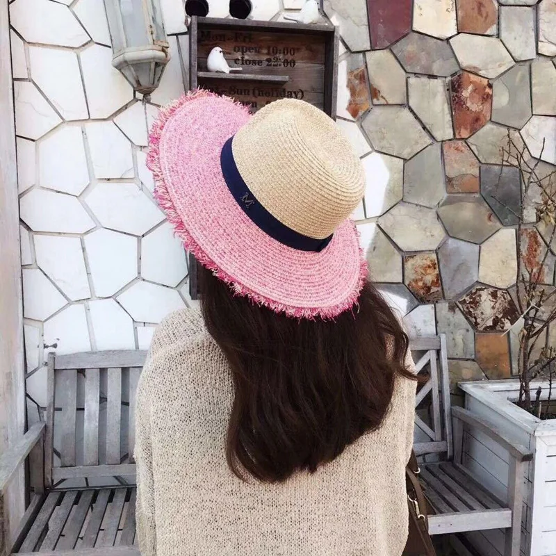 Panama Straw Hat Summer M Letter Hats For Women Sun Shade Tourism Boater Hat Wide Brim Burr Raffia Chapeau