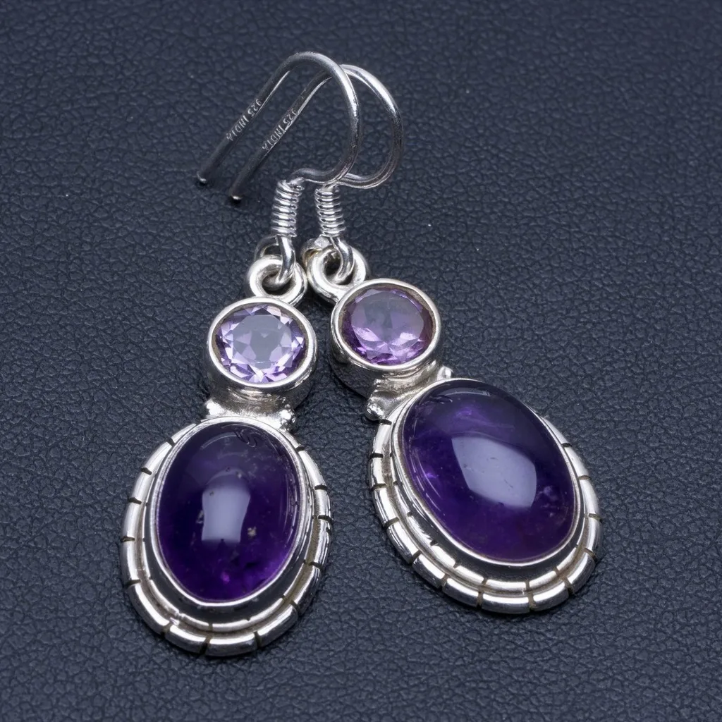 

Natural Amethyst Unique Punk Style 925 Sterling Silver Earrings 1 1/2" P1625