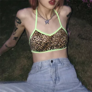 

Women's Short Camisole New Sexy Halter Neck Leopard Printed Summer Backless Tops Wear Ladies Short Lace-up Tank Tops Hot Selling