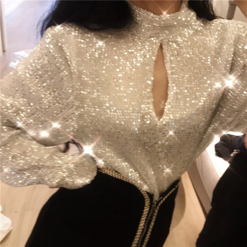Silver Gold Club Tops 2019 Korean Women Fashion Sexy T-shirts Hollow Out Long-sleeved Tight Sequins Shirts 90s Christmas | Женская