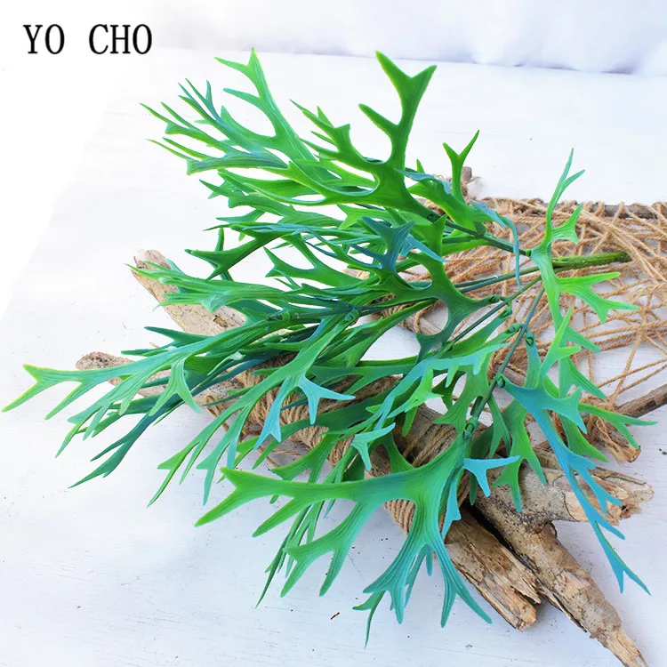 YO CHO 38cm Artificial Deer Horn Plants Plastic Greenery Wall Decoration Antler Leaf Grass Wedding Home Garden Decor Fake Plants