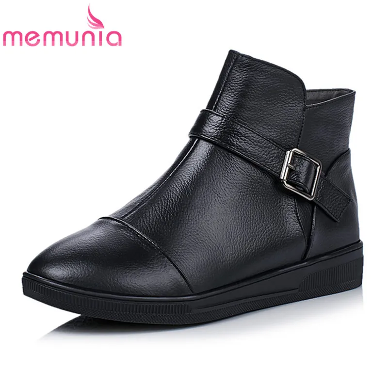 

MEMUNIA 2020 new arrival leather boots white black with buckle flat casual female shoes round toe comfortable women ankle boots