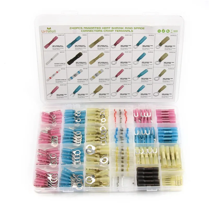

240pcs Ring Fork Heat Shrink Butt Splice Soldering Connecters +Fullly Insulated Waterproof Crimp Terminals Wire Connector Kit