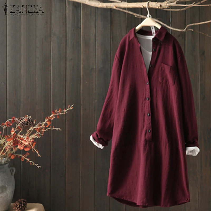 

Top Fashion 2019 ZANZEA Women Cotton Linen Blouse Lapel Neck Autumn Long Sleeve Blusas Solid Shirt Casual Loose Blusa Feminina