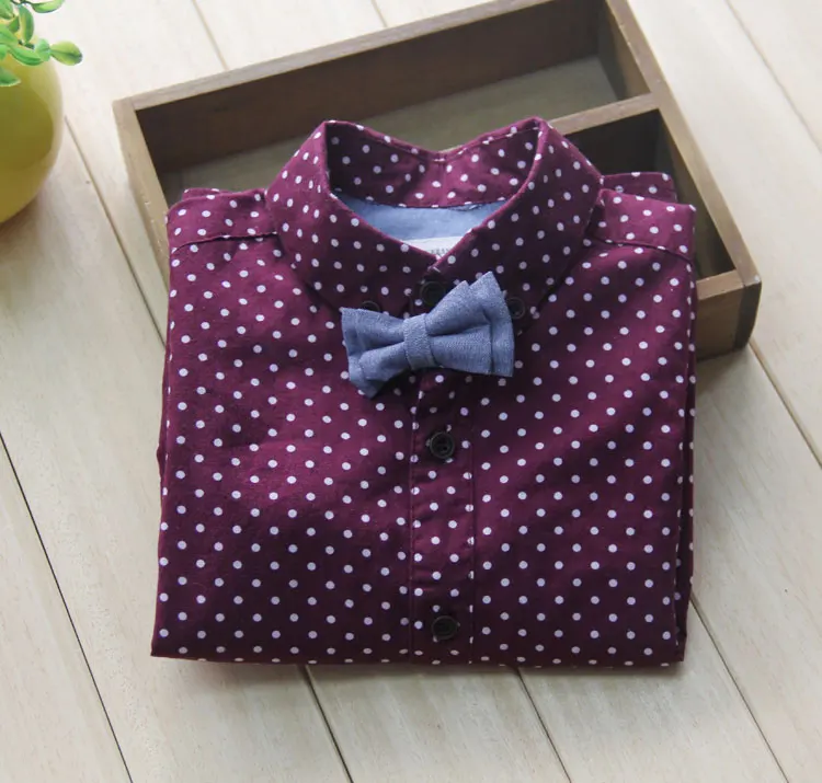 Baby Boys Fashion Polka Dot print Shirts Boys Long Sleeve Shirt Kids Removable Bow tie Shirt