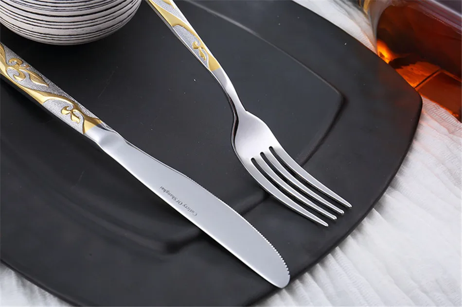 Luxury Flower Dinnerware Set Stainless Steel Cutlery Set Bronzing Silver Knife Fork Tableware European Western Food Set 4 Pcs (3)