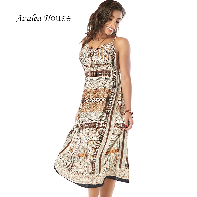 Azalea House Sexy Women Dress National African Style Mid Calf Loose Print Backless Cross Bandage Straped Dress