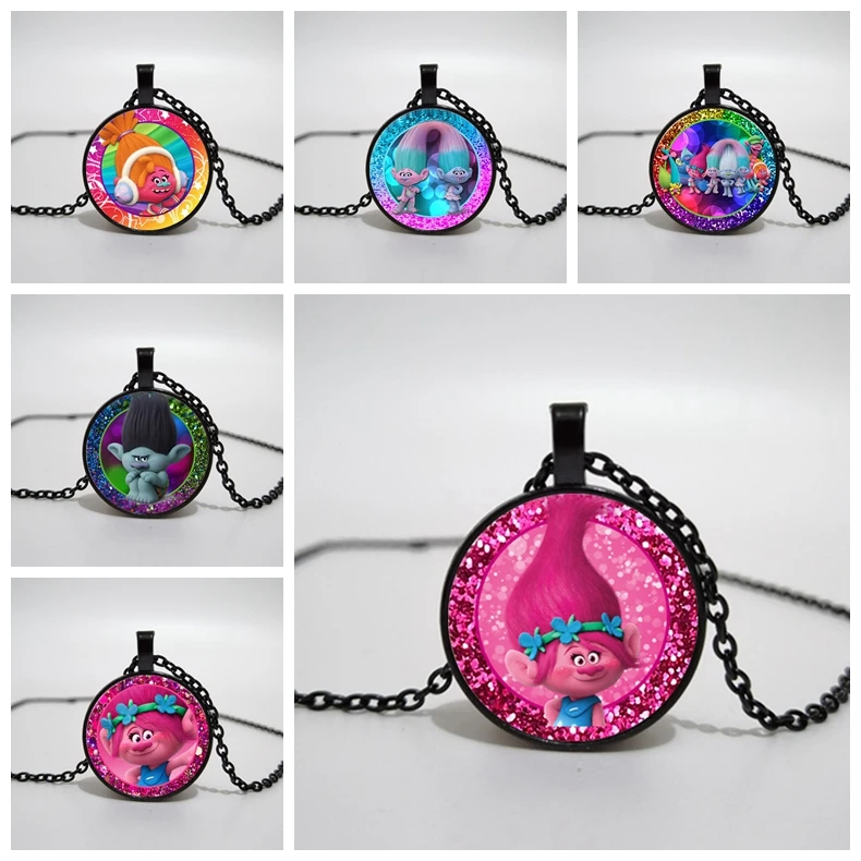 

3 Color DreamWorks Magic Elf Trolls Troll Cabochon Glass Pendant Necklace Children Dress Up Toys New Cartoon Gift Jewelry