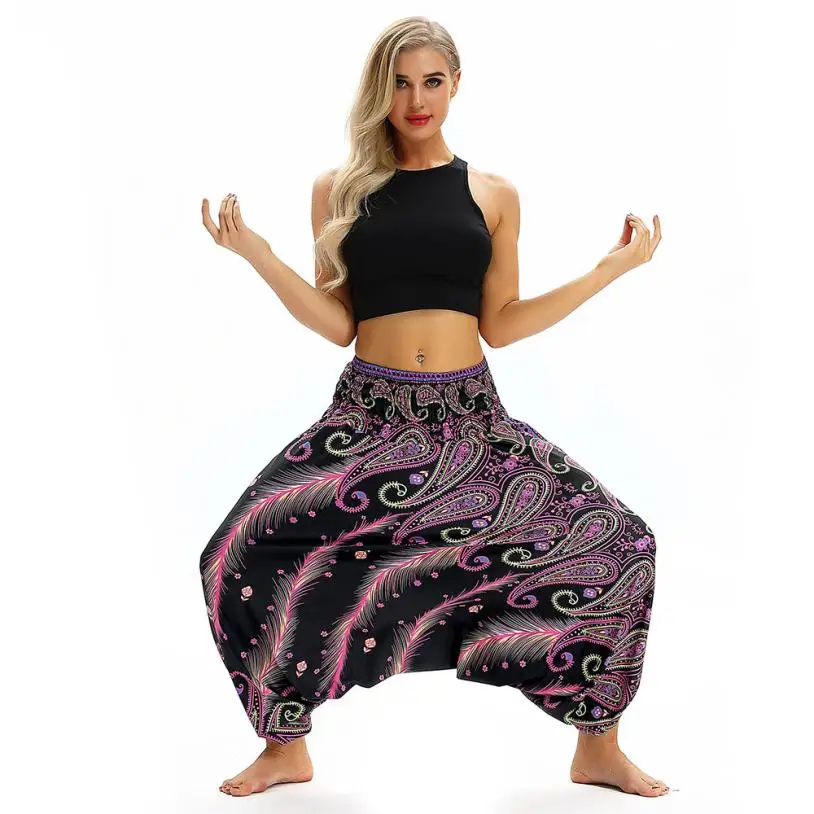 Новые спортивные женские повседневные свободные штаны для йоги широкие брюки Boho Aladdin Комбинезон гарем брюки с высокой талией Женские Штаны Для Йоги
