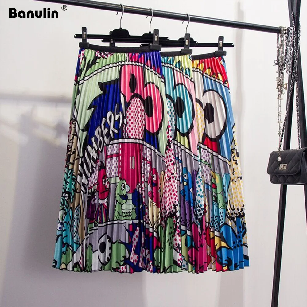 Новинка, летняя женская винтажная трапециевидная юбка средней длины с мультипликационным принтом, высокая талия, длина до середины икры, плиссированная повседневная юбка для активного отдыха
