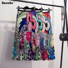 Новинка, летняя женская винтажная трапециевидная юбка средней длины с мультипликационным принтом, высокая талия, длина до середины икры, плиссированная повседневная юбка для активного отдыха