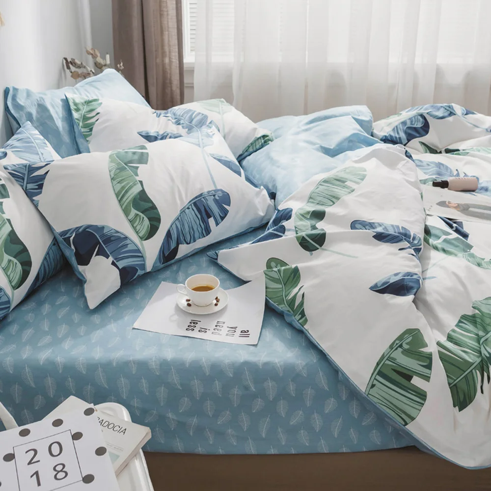 2018 الأزرق الأخضر يترك طباعة Bedlinens Ru أوروبا مزدوجة الملكة حجم غطاء لحاف مجموعة القطن النسيج غطاء السرير سادات