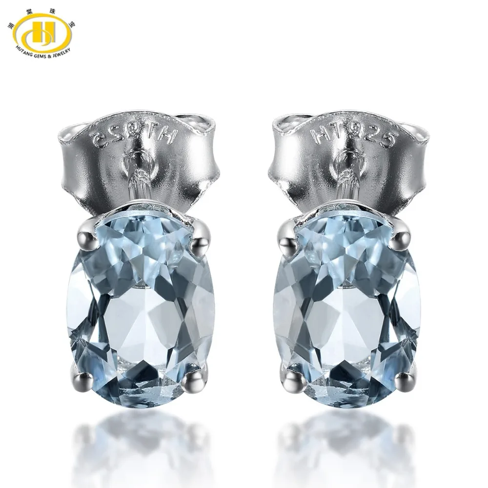 

HUTANG Diamond Earrings for Women 1.341ct Blue Natural Aquamarine Stud Earrings 925 Sterling Silver Jewellery Fine Brincos Femme