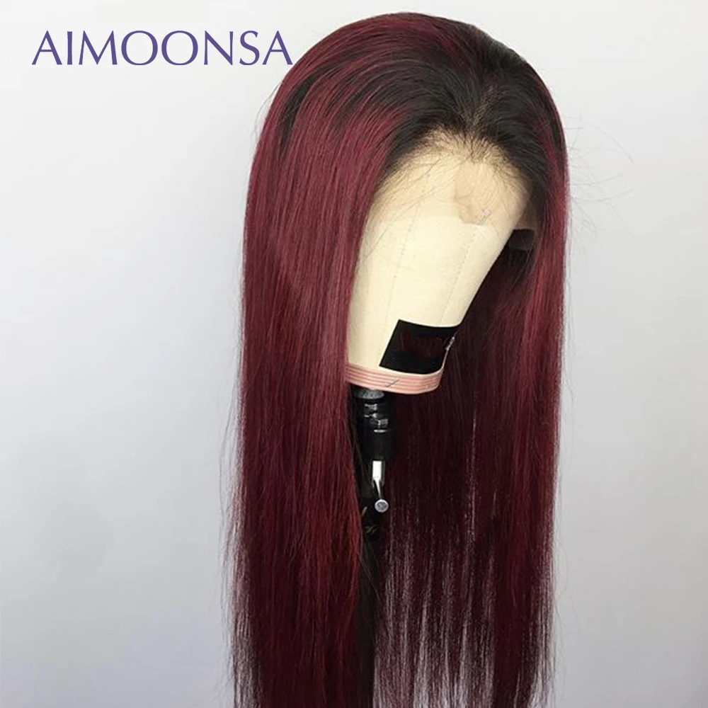 Бордовый парик фронта шнурка Омбре парик их натуральных волос 1B/99J цветные парики прямые волосы перуанский парик кружева спереди отбеленные узлы Remy Aimoo