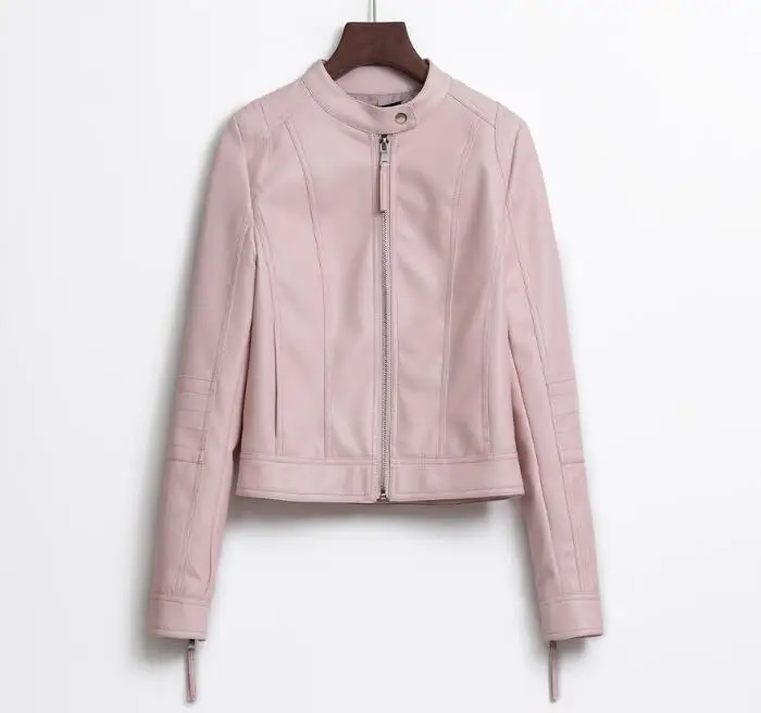 Высококачественная куртка, новинка, кожаная куртка на пуговицах, тонкий воротник, короткая, стирается, искусственная кожа, мотоциклетная кожаная куртка, розовая Женская куртка - Цвет: Розовый