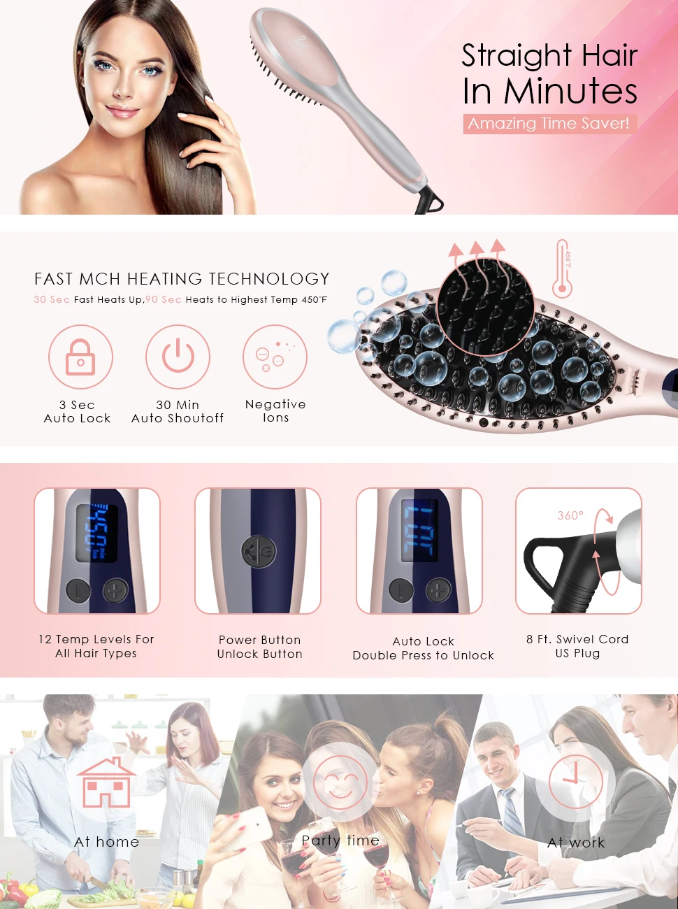 Swanmyst Hair Straightening Brush Ceramic Ionic Straightening Iron