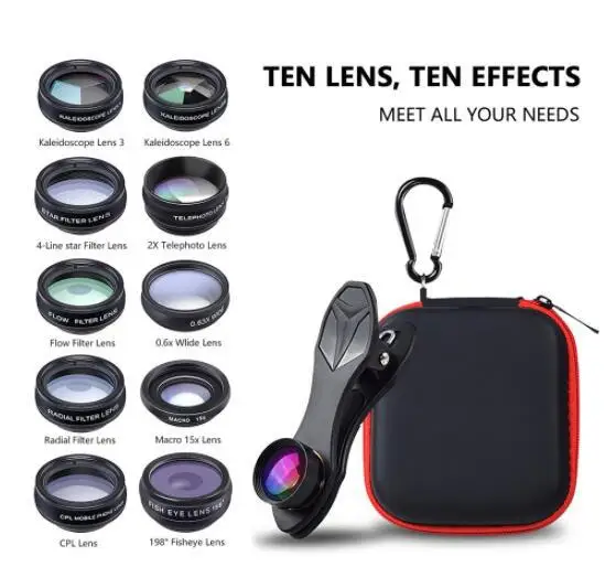 

10 in 1 Phone Camera Lens Kit Fisheye Wide Angle Macro 2X Telescope Lens for iPhone 7 8 Xiaomi Samsung Galaxy