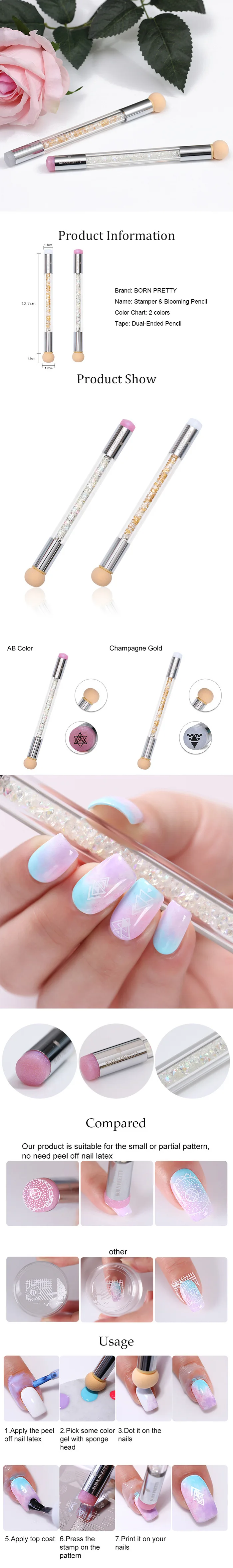 Родился довольно 1 Pc Dual-ended градиент штампа губки голову 2 Way Nail Art ручка со стразами кисти Цветущий УФ гелевая ручка Маникюр Инструмент