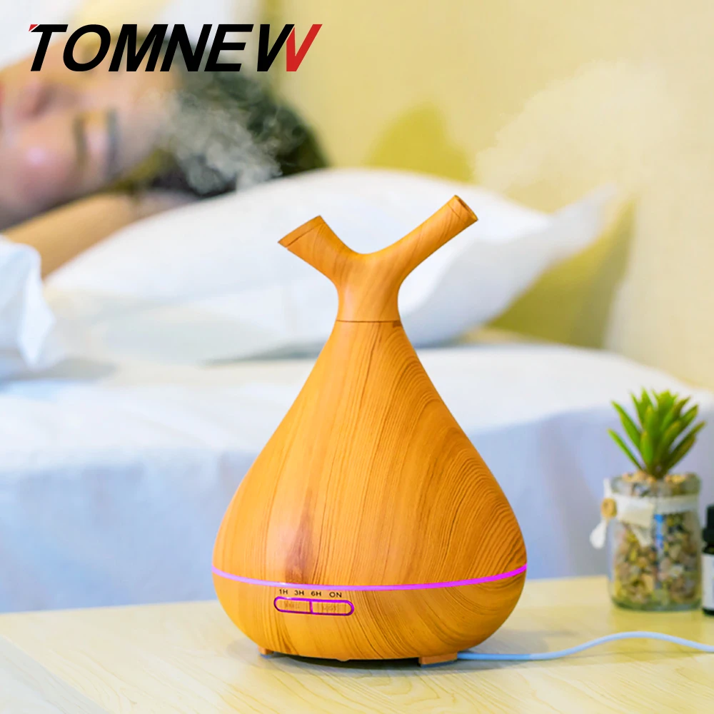 

TOMNEW 400ML Humidifiers Ultrasonic Timing Aroma Diffuser Aromatherapy Essential Oil Diffuser Wood Grain with Light for Home S