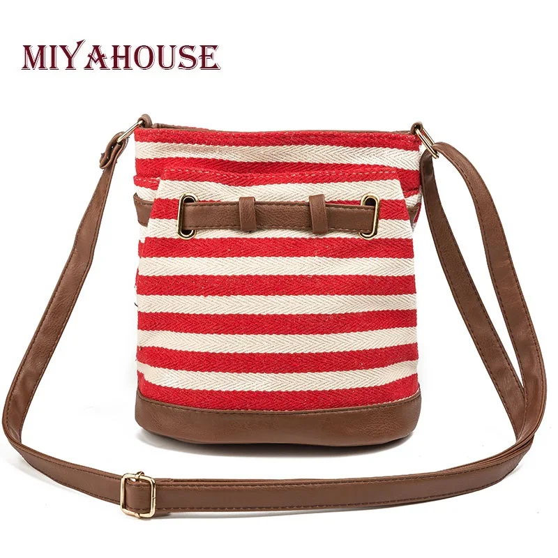 

Miyahouse Casual Canvas And PU Design Bucket Shoulder Bag Women Striped Printed Female Messenger Bag Summer Ladies Bucket Bag