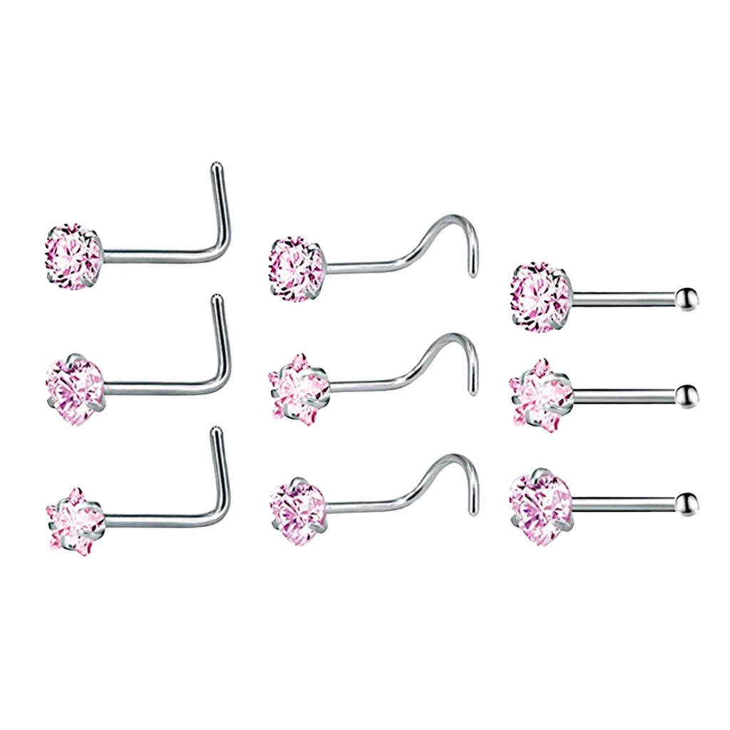 MagiDeal 9 Pieces Stainless Steel Zircon Crystal Screw Curved Nose Ring Studs Ear Body Piercing Jewelry 20G