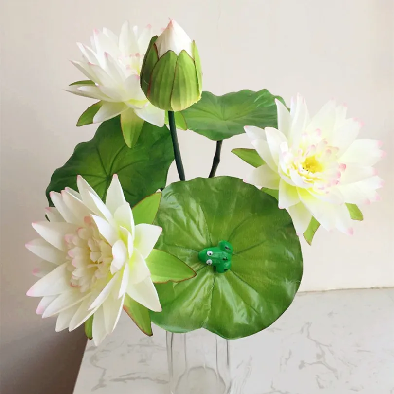 20 шт Искусственные цветы лотоса с зеленой лягушкой, шелковая водяная Лилия, 7 стеблей/букет