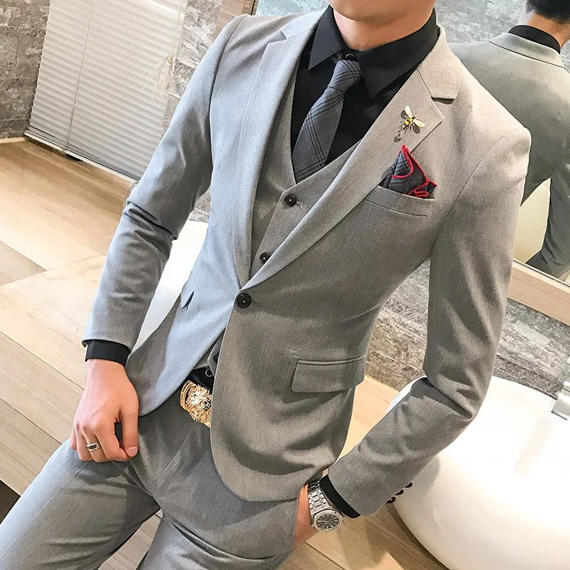 Autumn and winter men's self stretch suit vest pants three piece sleeve