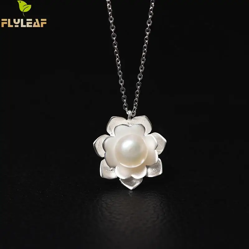 

925 Sterling-silver-jewelry Fashion Imitation Pearl Lotus Flowers Necklaces & Pendants For Women High Quality Elegant Lady Gift